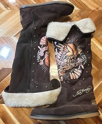 Ed Hardy Women’s Suede Boots Born Free Fur Lined Knee High Fold Over Boots Sz. 9 • $42.50