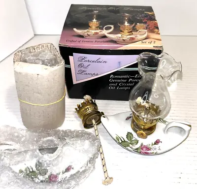 Vintage 2 Oil Lamp Moss Rose Mini Genie Ceramic Porcelain Oil Kerosene Lamp NIB • $21.99