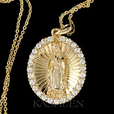 Virgin Mary Made With Swarovski Crystal Religious Gold Tone Necklace Jewelry New • $43