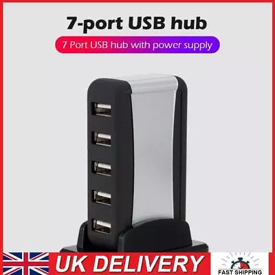 Vertical 7-Port USB 2.0 Hub Multi USB Splitter With Power Adapter PC Accessories • £8.40