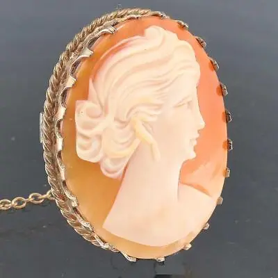Gilt Metal Italian Carved Helmet Shell LADY CAMEO BROOCH & Safety Chain • $119
