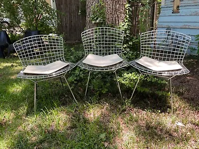 $2000 • Buy Set Of Three VINTAGE Knoll Bertoia Chrome Chairs With Original Leather Pads