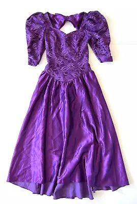 Vtg Alfred Angelo Purple Satin Lace Puff Sleeve Sweetheart Long Prom Dress Small • £65.07