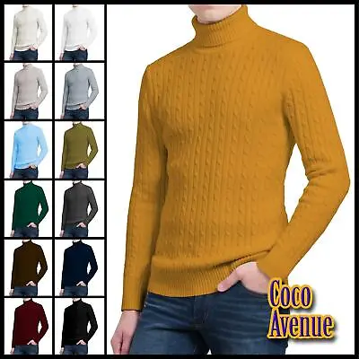 Mens Turtle Polo Neck Jumper Cable Knitted Warm Casual Winter Sweater Pullover • £20.30