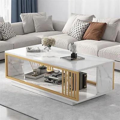 Modern White GOLD Coffee Table High Gloss Marble Veneer Rectangle Living Room • $118.74