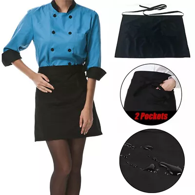 Waterproof Black Short Waist Apron With Pocket Home Kitchen Bistro Working Apron • £2.91