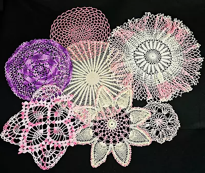 7 Vintage Dresser Scarves Doilies Handmade Crocheted Pink White Purple • $4.25