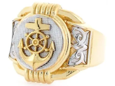 10k Or 14k Two Tone Gold Anchor Navy Round Fancy Mens Ring • $284.99