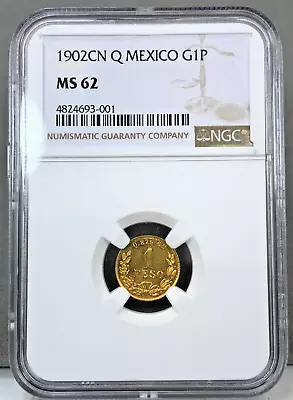 1902 CN Q Mexico Gold 1 Peso NGC MS62 ~ Low Mintage Of 2480 • $799.95