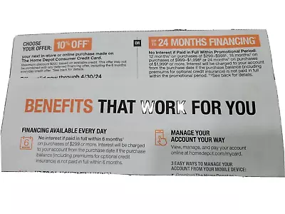 Home Depot 10% Off Coupon Or Special Financing W/HD Credit Card- Expire 4/30/24 • $19.99