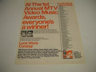 MTV 1st VMA 1984 Promo Display Ad DALE BOZZIO Hall & Oates MADONNA Ocasek POLICE • $19.95