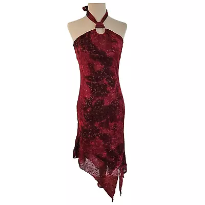 Vintage Y2k Red Sheer Mesh Glitter Dress Asymetric Halter Top Dress Small Medium • $44