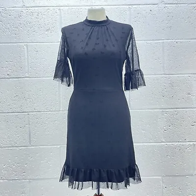 Miss Selfridge Black Floral Mesh Midi Dress Lined Half Sleeve Frill Back Uk 10 • £13.49