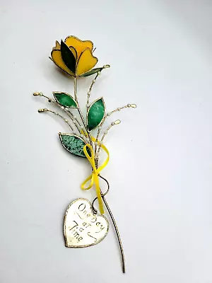 Vintage Stained Acrylic Yellow Flower Green Leaf   One Day At A Time  • $14.99