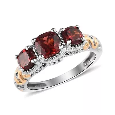 925 Silver Yellow Gold Platinum Plated Red Garnet Trilogy Ring Size 6 Ct 1.5 • $24.99