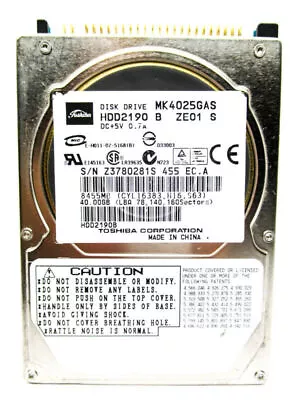 Toshiba 40GB MK4025GAS IDE (HDD2190 B ZE01 S) Laptop Hard Drive WIPED & TESTED! • $74.99