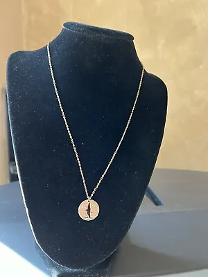 Vintage Genuine Pewter Necklace Diamond Etched Pendant Bird Flying Ocean Waves • $12