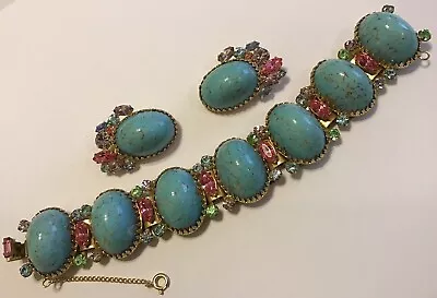 Vintage Schiaparelli Turquoise Pink Green Blue & Purple Rhinestone Bracelet Set • $350