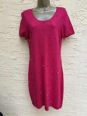 Vintage Y2K Michael Simon Small Hot Pink Knit Sweater Dress With Beads -NEW • $13.99