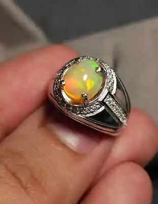 3.85Ct Oval Cut Lab Created Fire Opal & Moissanite Solitare Mens Ring In Silver • $149.99