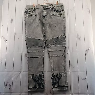 EMBELLISH Jeans Mens 40 Y2K Zip Front Embroidered Flames Grunge Black Gray • $24.49