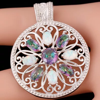 White Fire Opal Mystic Topaz Hollow Large Round Silver Jewelry Pendant Necklace • $4.99