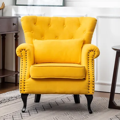 Vintage Yellow Button Chesterfield Armchair Wing Back Queen Anne Chair Cocktail • £189.95