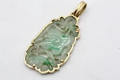 $475 • Buy Vintage Fine 18K Yellow Gold Carved Cut Out Design Green Jade Pendant DIJE