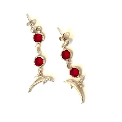 Vintage Genuine 925 Sterling Silver Dangle Dolphin Earrings Red Crystal Accents • $13.49