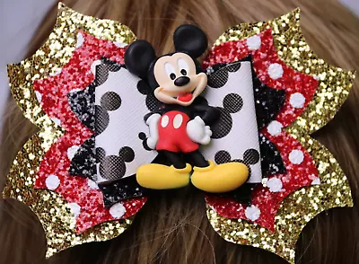 Red And Gold Glitter Mickey Mouse Hairbow BOUTIQUE HANDMADE STACKED  • $7.64