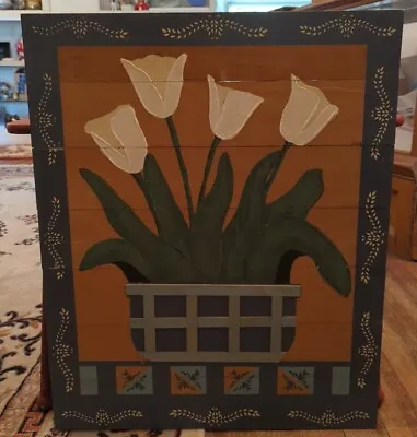 Vintage Vanguard Studios Folk Primitive Painted Floral Basket Scene On Wood • $200