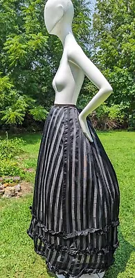 Victorian 19th C Sheer + Satin Striped Bustle Skirt W Ruffle Bottom • $316.93