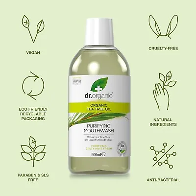 Dr Organic Purifying Mouthwash Tea Tree Aloe Vera Arnica  Grapefruit Seed 500ml • £7.95