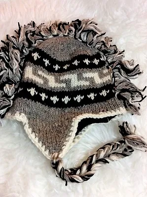 NWOT Mohawk Hand Knit Wool Gray Black And Off White Hat Skiing • $17.99