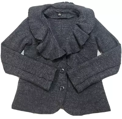 Renuar Sweater Cardigan 100% Wool Gray Knit Ruffle Trim Women's Small Jacket • $24.99