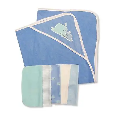 Baby Bath Time Set Hooded Towel 5 Soft Wash Cloths Absorbent Blue Whale  Newborn • £10.99