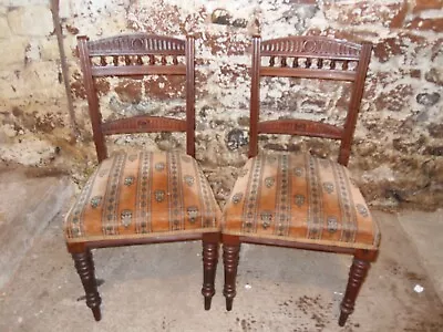 Pair Of Vintage Mahogany Dining Chairs Wooden With Overstuffed Seats • £47.50