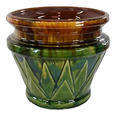 McCoy Blended Majolica 1920s Art Pottery V Design Green Brown Jardiniere Planter • $182.25