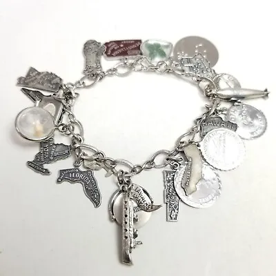 Vintage Sterling Silver Charm Bracelet With 21 Charms States Travel USA Estate • $131.25