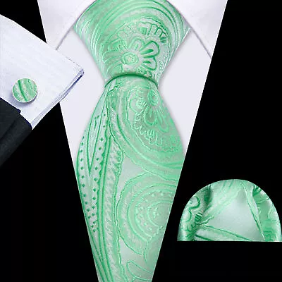 New Mens Silk Tie Mint Green Paisley Fashion Necktie Hanky Cufflinks Set Party • $25.98