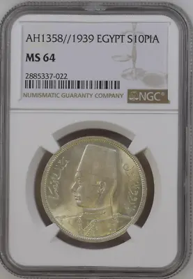 Egypt Silver 10 Piasters MS64 AH1358 1939 King Farouk  Graded By NGC • $349.99