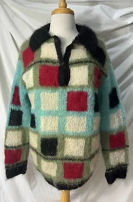 Vtg Hand Knit Fuzzy MOHAIR Checker Tunic Sweater L / XL ~ Hand Made ~ • $32.99