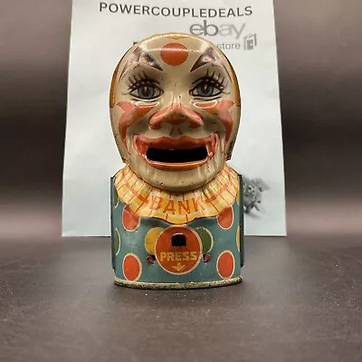 VINTAGE 1950's J Chein Tin Litho Clown Bank 5  Tall Working Condition  • $55