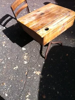 Vintage School Desk W/Ink Well Solid Wood Box & Chair Steel Frame • $199