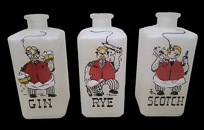 Vintage 3 Decanters Bottles Gin Rye Scotch Barware Frosted Glass Liquor Bar 32oz • $50.50