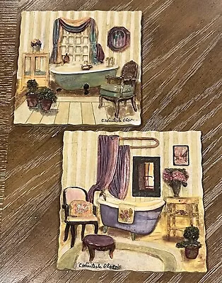 Set (2) C Winterle Olson 3D 5.5” Sq Wall Art Resin Plaque Bathtub Bathroom Scene • $15.99