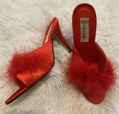 Fredericks Of Hollywood Red Maribou Feather Mules Slippers Shoes Heels Size 8 • £33.75