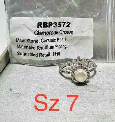 Sz7 Glamorous Crown RBP3572 Ceramic Pearl Ring Bomb Party Rhodium P Band SR$116 • $19