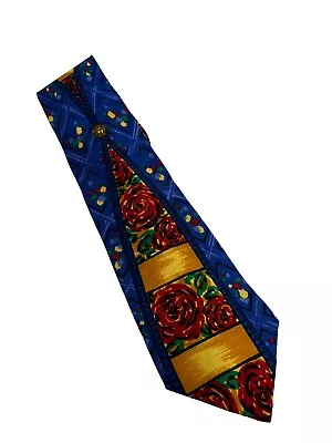 Vtg Gianni Versace Spain Handmade 100% Silk Red Roses Blue Tie Medusa Head • $54.99