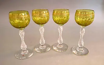 4 Old Moser Czech Glass Wine Goblets - Peridot Green Gold Trim Clear Stems 7  H • $399.99